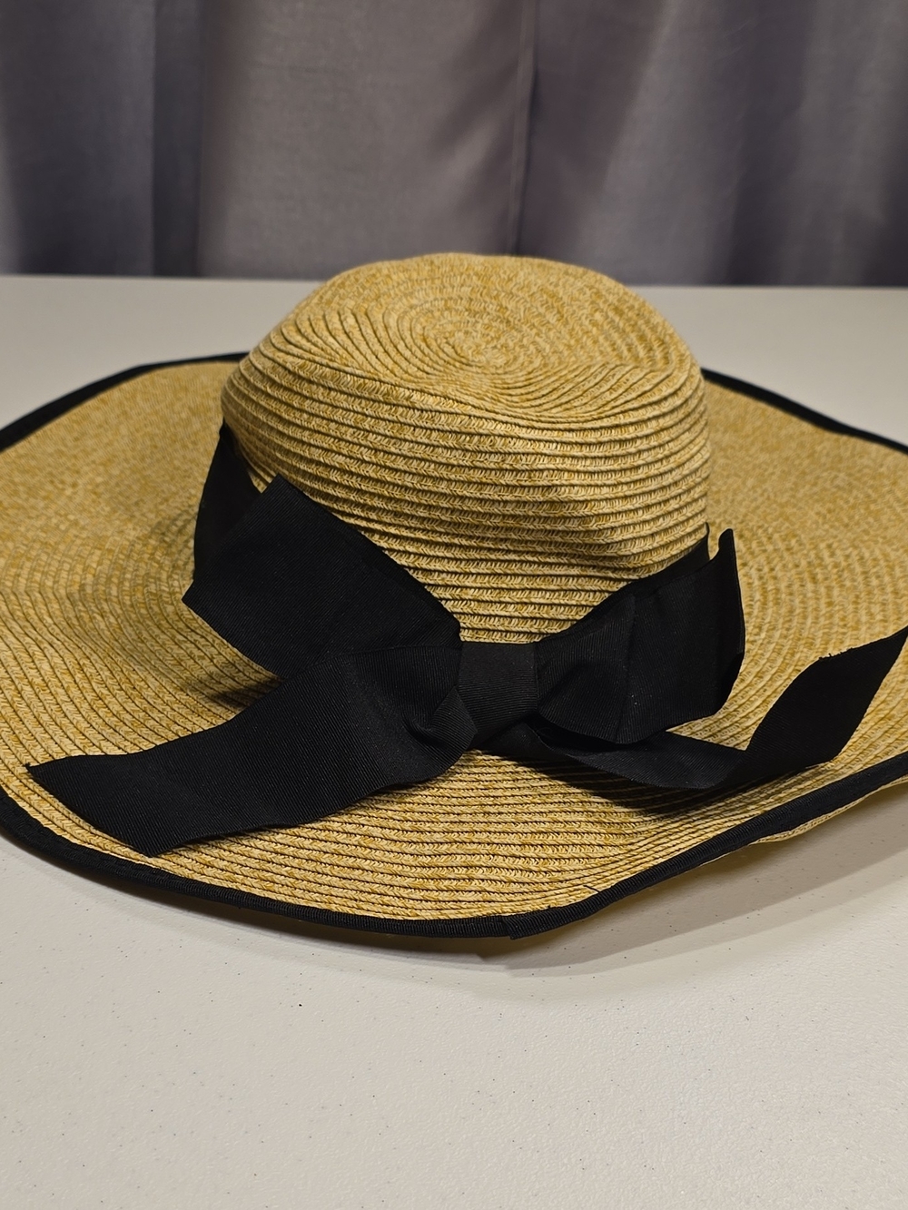 Wide Brim Straw Sun Hat with Black Ribbon